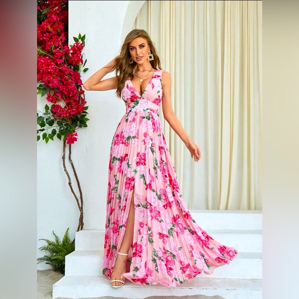 Pink Floral Pleated Maxi Dress Small Like New